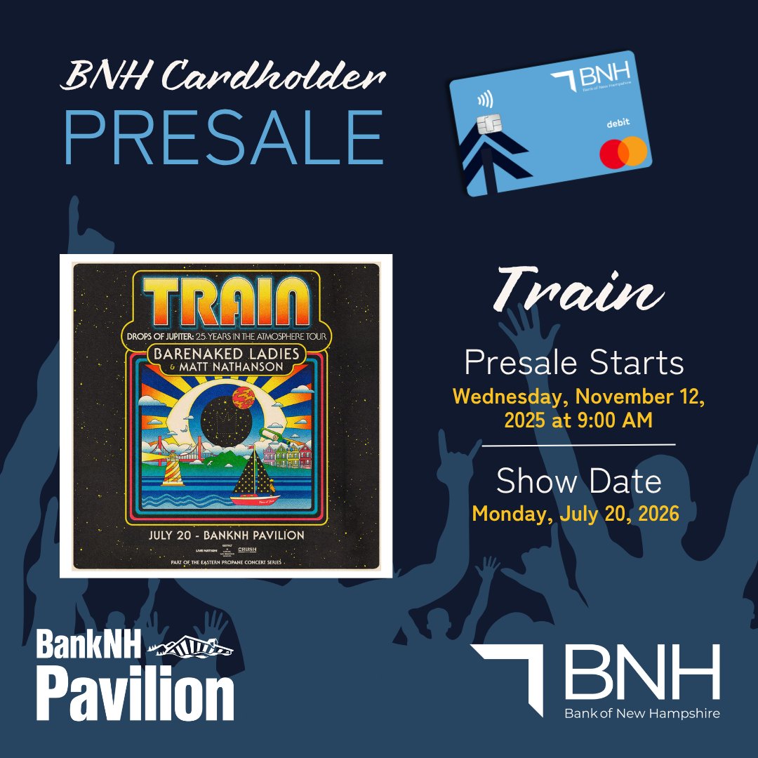 Attention BNH cardholders!🔔 Exclusive presale* ticket inventory for Jack Johnson and Train at BNH Pavilion is at your fingertips! Set your alarms for 9:00 AM Wed, Nov 12th and be first in line to grab your seats. 
Learn more about BNH Cardholder Presales: bnh.bank/about/bank-of-…