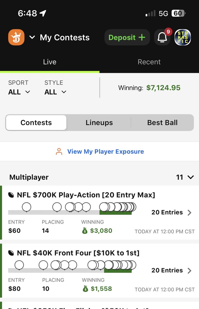 CodyDupler's tweet photo. @Stokastic keeps knocking these lineups out of the park. If you’re not using their tools, do it right now. Kicking myself for not playing more slates or the $$$ could’ve been much higher. Thanks again @Loughy for all the help. https://t.co/wBeX2K4lUP