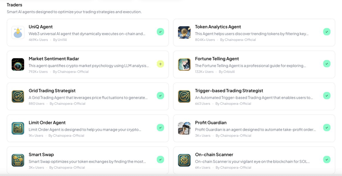 ChainOpera_AI's tweet image. Trading in crypto doesn’t have to be complicated!

Inside ChainOpera&apos;s AI Terminal, you can find a growing lineup of smart AI agents that help you trade, analyze, and act automatically.

Here’s a quick look at what’s already available:

🧠 Smart Strategy Agents

- Grid Trading…