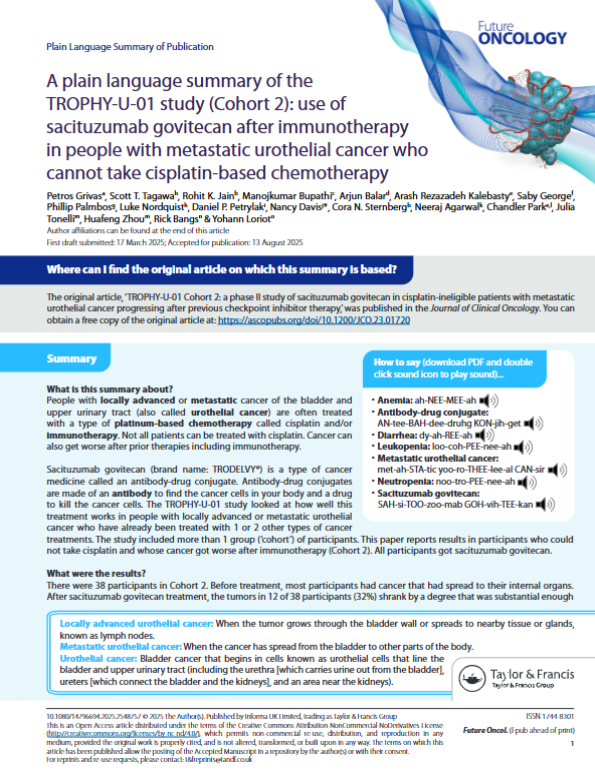 PlainLangSumm's tweet image. This PLSP highlights targeted therapy research for locally advanced/metastatic bladder cancer. The study focused on Cohort 2 patients needing alternatives after immunotherapy progression and cisplatin intolerance
hubs.ly/Q03SqxRx0

#PLSP #BladdercCancer