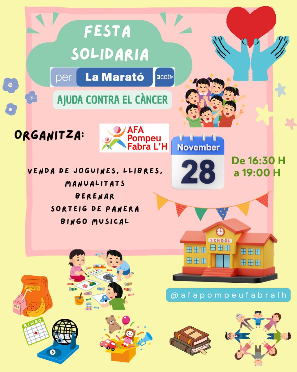 No hi falteu a la Jornada Solidària Per La Marató de TV3
Divendres 28 de Novembre de 16:30-19h a Escola Pompeu Fabra

Del 14 al 21 a partir de les 16:30, fem recollida de joguines i llibres de segona mà en bon estat.

Altres donacions: afapompeufabralh@gmail.com

<a href="/epompeufabra/">Escola Pompeu Fabra</a>