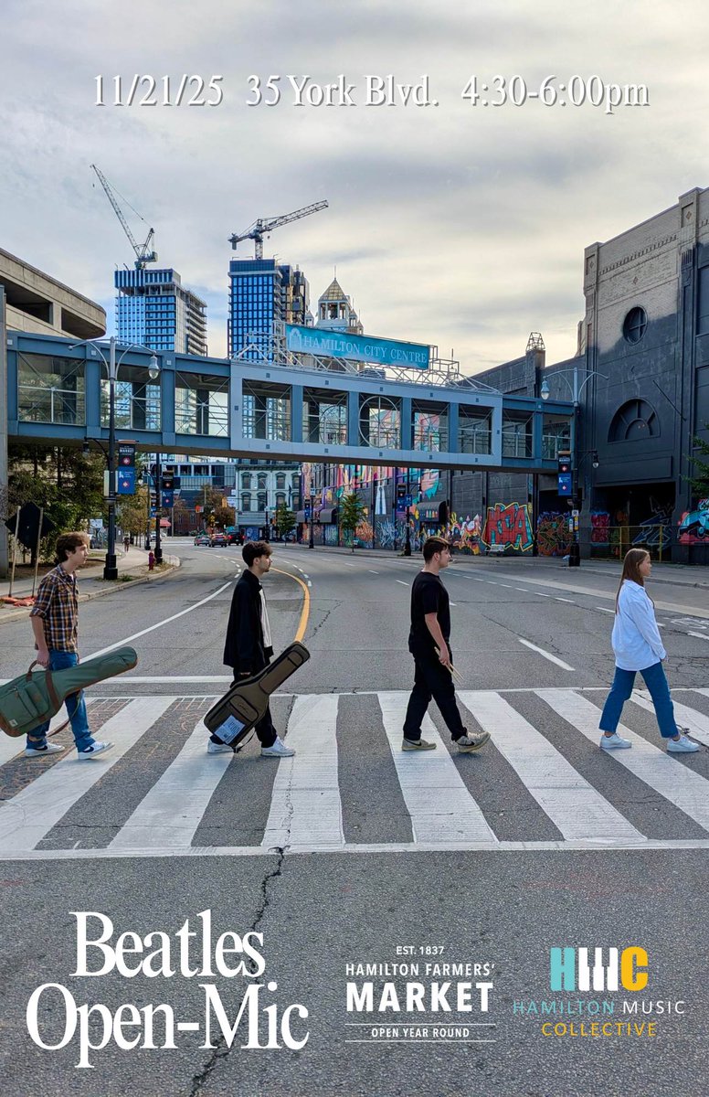 We are brining you a Beatles Open Mic at the Hamilton Farmer’s Market 🎸✨Join us Friday, Nov 21 from 4:30–6:00pm for a fun, ALL-AGES, and FREE event!

Jam solo, with friends, or with our open jam backing band — plus, our Jambassadors will kick things off! 🎶