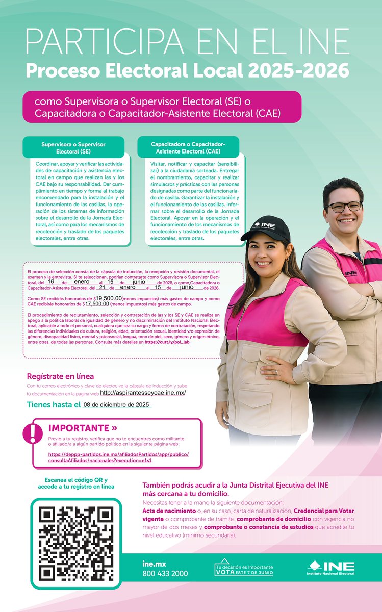 Te invitamos a participar en la Convocatoria para SE y CAE.

Si estás interesado/a en participar, regístrate en: aspirantesSEyCAE.ine.mx

Si tienes alguna duda, llámanos o envíanos, WhatsApp al teléfono (866) 257-64-68 u (866) 236-72-49.