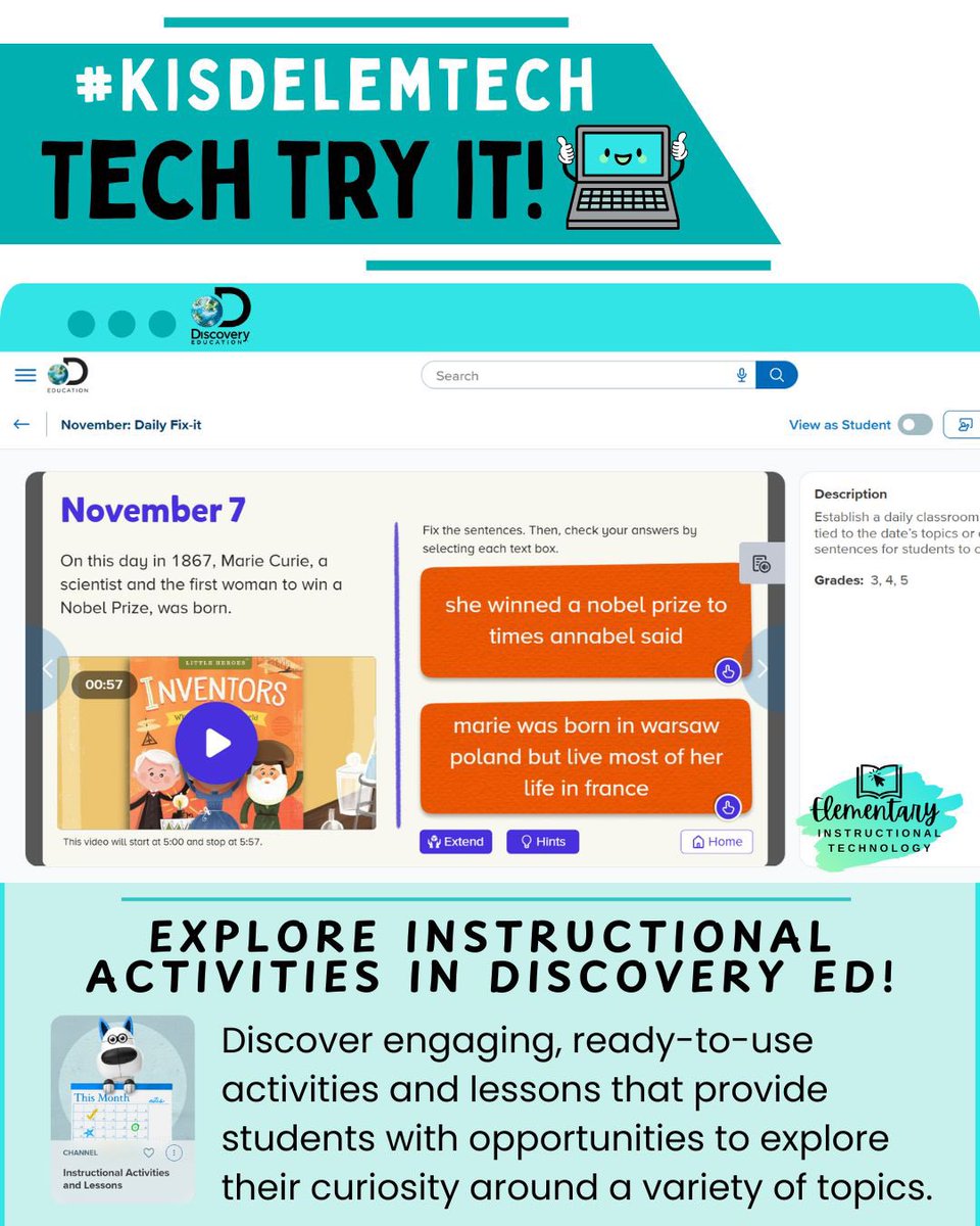 kisdelemtech's tweet image. #TechTryIt: Bring interactive learning to life—try Discovery Education’s ready-to-use, standards-aligned Instructional Activities that blend multimedia content with guided tasks to boost student engagement, inquiry, and skill practice🚀
#KISDelemtech