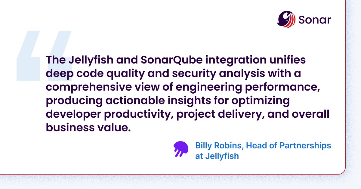 SonarSource's tweet image. Sonar 🤝 @_jellyfish_co! 

We&apos;re feeding Sonar&apos;s code health data straight into their platform. 📈 Now your managers can see the full engineering picture—connecting code quality and security to company goals. 🎯

bit.ly/4oBPttz 

#CodeQuality #DevOps #SonarQube