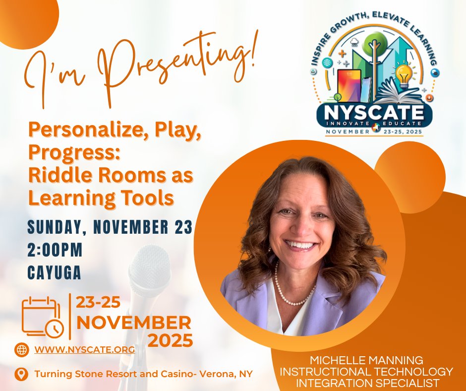 ManningTechTalk's tweet image. Are you headed to @NYSCATE ?

Please join my session on creating Riddle Rooms for your classroom - and walk away with dozens of classroom-ready templates!

And be sure to stop by and visit me at the @KamiApp booth,  and I just might be at the @BookCreatorApp  booth too!