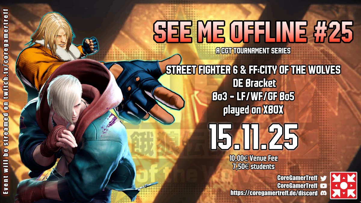 Diesen Samstag gibt's das nächste See me Offline! #25 Turnier in #StreetFighter6 und #FatalfuryCityoftheWolves bei uns.
Anmeldung über unser Discord Event:
discord.com/events/4601596…