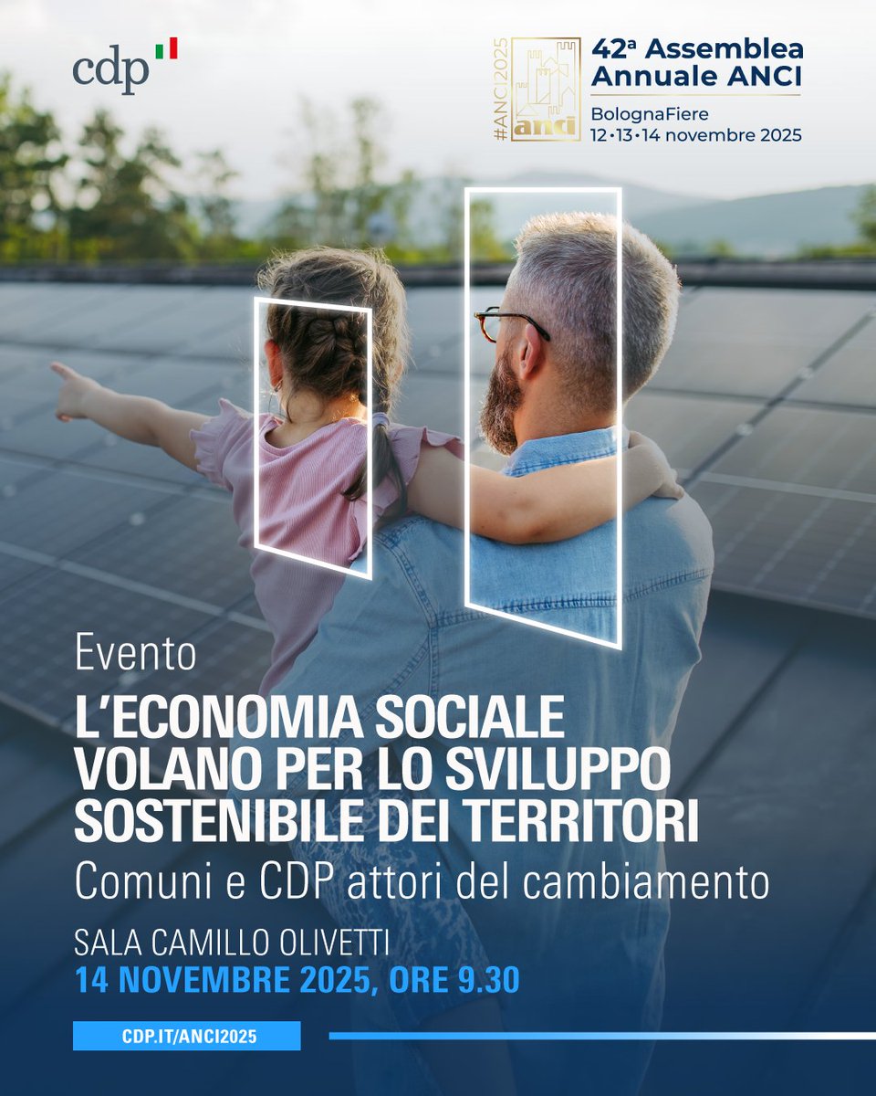 GruppoCDP's tweet photo. Verso #ANCI2025! Partecipa ai nostri workshop ed eventi: un’occasione di confronto tra istituzioni, esperti e amministrazioni per condividere modelli e strategie di investimento.

📍 Bologna Fiere

🏫 𝗘𝗱𝗶𝗹𝗶𝘇𝗶𝗮 𝘀𝗰𝗼𝗹𝗮𝘀𝘁𝗶𝗰𝗮 – 𝟭𝟯 𝗻𝗼𝘃𝗲𝗺𝗯𝗿𝗲, 𝗼𝗿𝗲 𝟭𝟮:𝟬𝟬, 𝗦𝘁𝗮𝗻𝗱 𝗖𝗗𝗣
 Strategie e investimenti per le scuole del futuro

🌍 𝗦𝘁𝗿𝘂𝗺𝗲𝗻𝘁𝗶 𝗳𝗶𝗻𝗮𝗻𝘇𝗶𝗮𝗿𝗶 𝗽𝗲𝗿 𝗹𝗮 𝗕𝗮𝘀𝗶𝗹𝗶𝗰𝗮𝘁𝗮 – 𝟭𝟯 𝗻𝗼𝘃𝗲𝗺𝗯𝗿𝗲, 𝗼𝗿𝗲 𝟭𝟱:𝟬𝟬, 𝗦𝘁𝗮𝗻𝗱 𝗖𝗗𝗣
La best practice che valorizza risorse europee e sviluppo locale

🤝 𝗘𝗰𝗼𝗻𝗼𝗺𝗶𝗮 𝘀𝗼𝗰𝗶𝗮𝗹𝗲 – 𝟭𝟰 𝗻𝗼𝘃𝗲𝗺𝗯𝗿𝗲, 𝗼𝗿𝗲 𝟵:𝟯𝟬, 𝗦𝗮𝗹𝗮 𝗖𝗮𝗺𝗶𝗹𝗹𝗼 𝗢𝗹𝗶𝘃𝗲𝘁𝘁𝗶
L’economia sociale come motore di crescita sostenibile

Info e registrazioni: https://t.co/ORFv7gcrpR

@comuni_anci @ANCI_comunicare