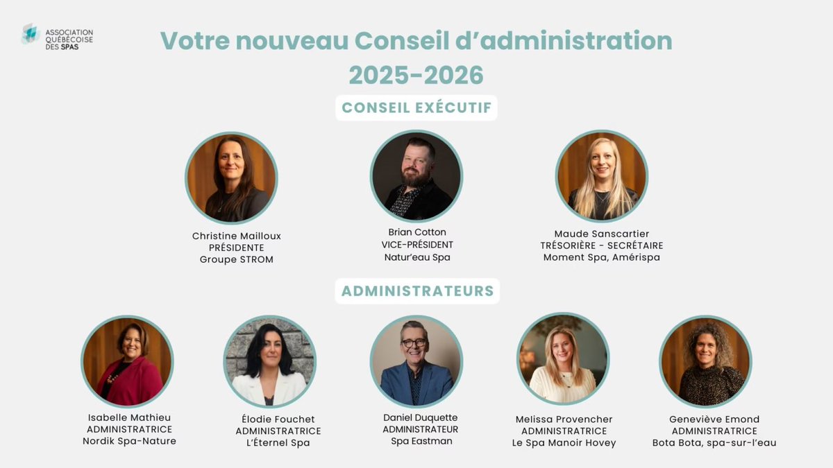 associationquebecoisedesspas.com/passation-harm…

L’AQS annonce la nomination de Christine Mailloux, directrice des ventes pour le Groupe STROM, à la présidence de son conseil d’administration. Brian Cotton, propriétaire du Natur’Eau Spa, prend le titre de vice-président.
