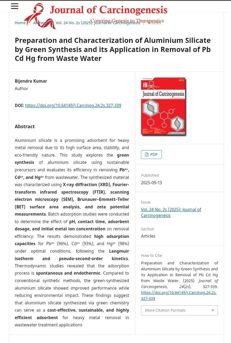 bijendra2k8's tweet photo. Published paper on the titled "Preparation and Characterization of Aluminium Silicate by Green Synthesis and its Application in Removal of Pb Cd Hg from Waste Water" https://t.co/JFd0VJKqK7