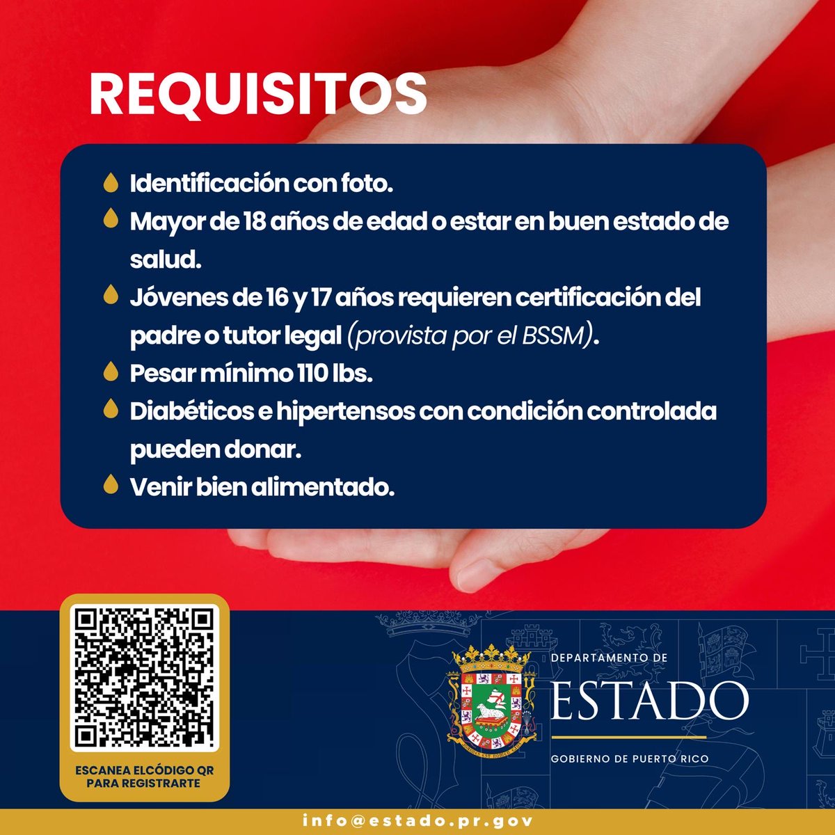 🩸Participa de la donación de sangre en colaboración con el Banco de Sangre de Servicios Mutuos. 

📧 Las personas interesadas deben registrarse utilizar el QR Code en el material informativo o escribir a info@estado.pr.gov