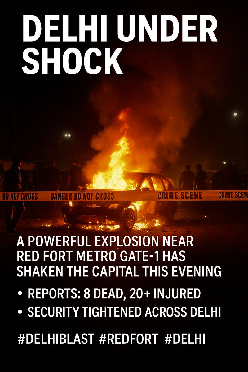 Delhi Under Shock
A powerful explosion near Red Fort Metro Gate-1 has shaken the capital this evening.
🚨 Reports: 8 dead, 20+ injured.
Security tightened across Delhi.
Let’s stand united, stay alert &amp; avoid spreading rumours.
#DelhiBlast #RedFort #delhirains 
#news
