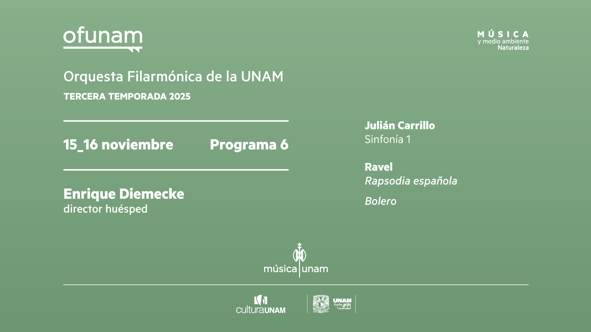 En el marco de la conmemoración de los 150 años del natalicio de Julián Carrillo y Maurice Ravel, la OFUNAM presenta un programa que reúne obras de ambos compositores. Destacamos la Sinfonía núm. 1 en re mayor de Carrillo, estructurada en cuatro movimientos, evoca un diálogo con
