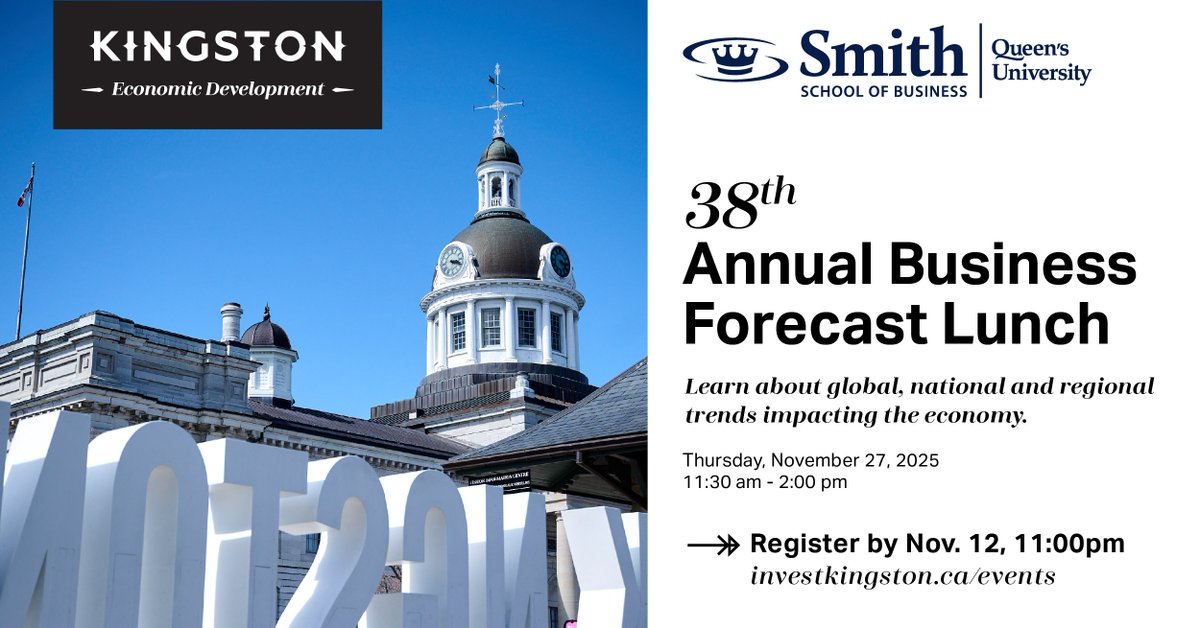 Join Kingston Economic Development and <a href="/SmithBusiness/">Smith Business</a> for the 38th Annual Business Forecast Lunch, where leading researchers and experts will present their outlook on the regional, national, and global economy. The deadline for tickets is November 12: investkingston.ca/event/38th-ann…