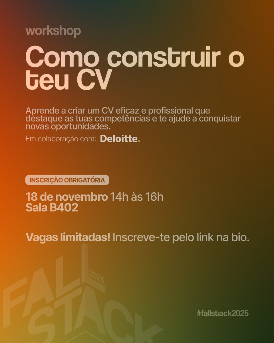 Queres fazer o teu CV mas estás com dúvidas qual as melhores práticas e abordagens a seguir? O NEI traz-te a solução que procuras! 🥳
Dia 18 de novembro às 16h na sala B402 será realizado um workshop pela Deloitte, que ensina-te a construir o teu CV. 
Inscreve-te pelo link na bio