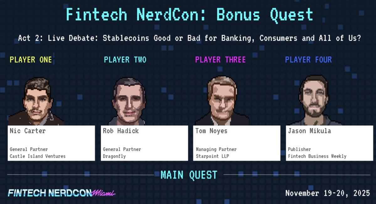 noyesclt's tweet image. Looking forward to #fintechnerdcon in Miami next week.. I&apos;m on Wed night&apos;s Stablecoin panel taking the &quot;bank side&quot; of the debate. LMK if you will be there to meet up.