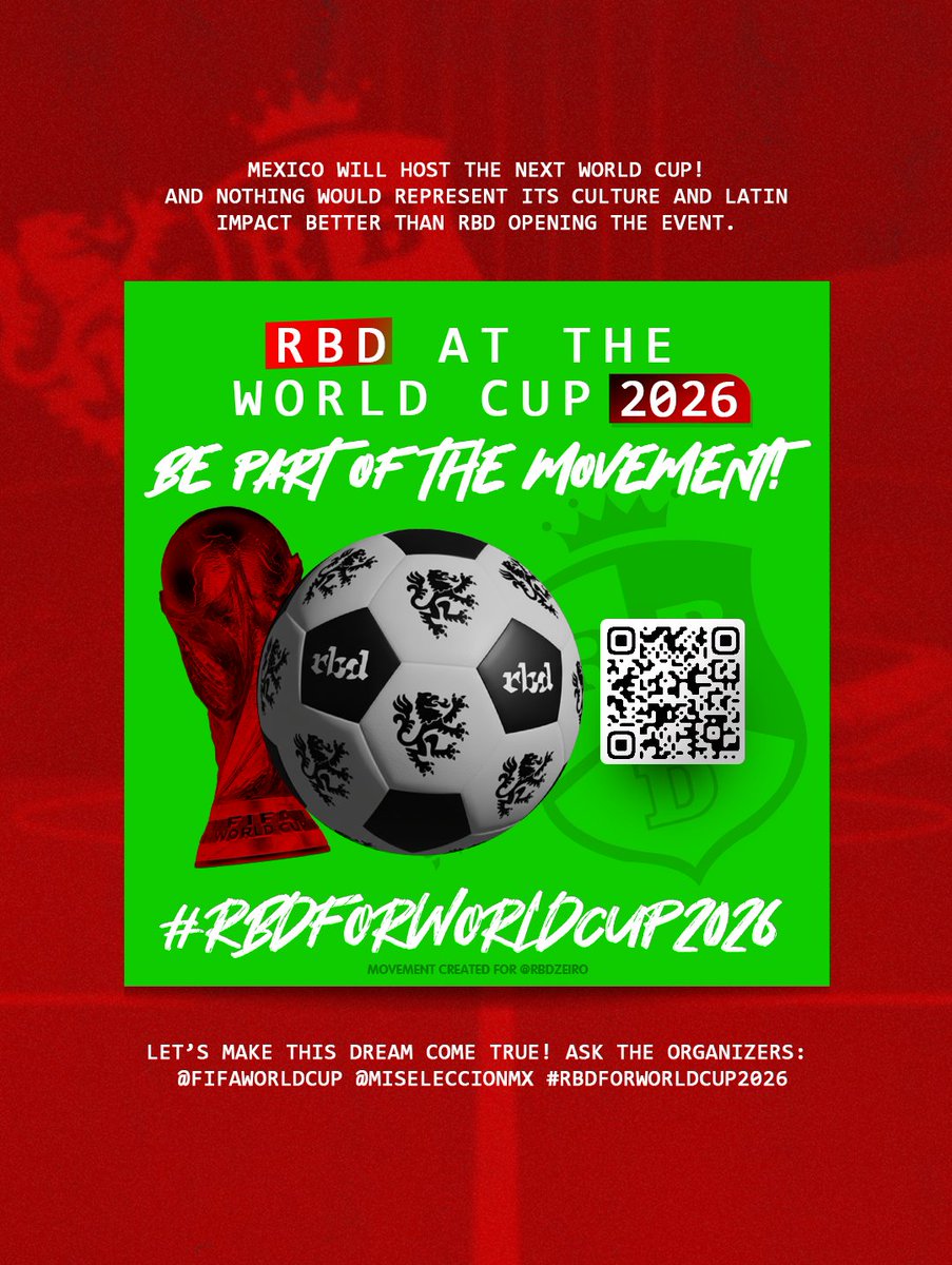 RBDzeiro's tweet photo. Participe do movimento para pedir RBD na Abertura da Copa de 2026 no México! #RBDFORWORLDCUP2026

https://t.co/S8TN0rrrHE

@Anahi @DulceMaria @ChristianCha @ChristopherUck @PonchoHD @MaitePerroni @FIFAWorldCUP #RBD https://t.co/QSSgSJ4Les