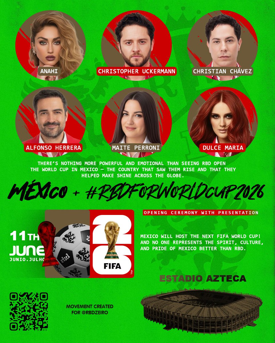 RBDzeiro's tweet photo. Participe do movimento para pedir RBD na Abertura da Copa de 2026 no México! #RBDFORWORLDCUP2026

https://t.co/S8TN0rrrHE

@Anahi @DulceMaria @ChristianCha @ChristopherUck @PonchoHD @MaitePerroni @FIFAWorldCUP #RBD https://t.co/QSSgSJ4Les