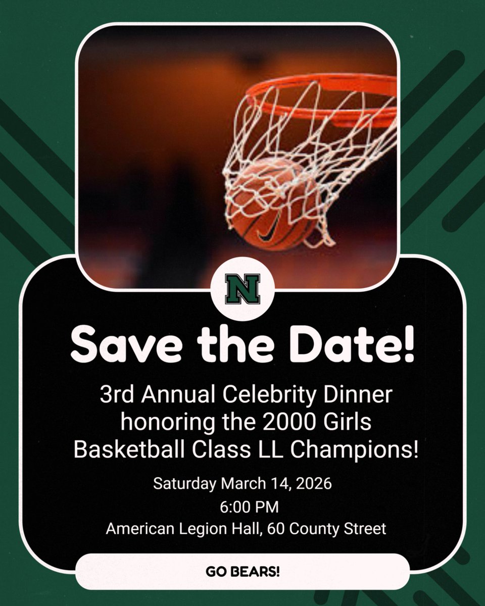 NorwalkBearsAD's tweet image. Bear fans! Save the Date! March 14, 2026...our 3rd Annual Celebrity Dinner, honoring the 2000 Girls Basketball Class and State Champions! More details to follow! #bearpride