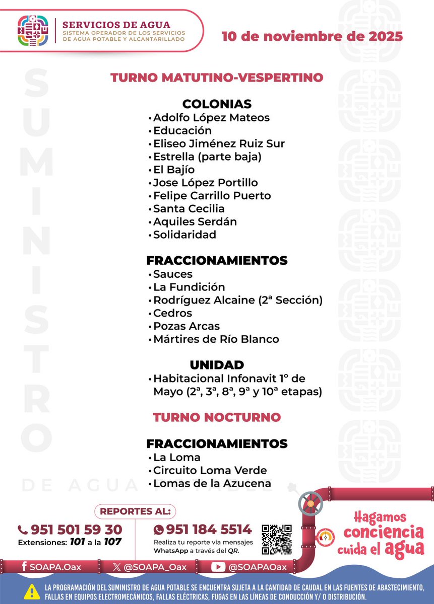 Sumministro de agua potable hoy 10 de noviembre. #Oaxaca 

#OaxacaDeJuárezc <a href="/SOAPA_Oax/">Servicios de Agua</a>