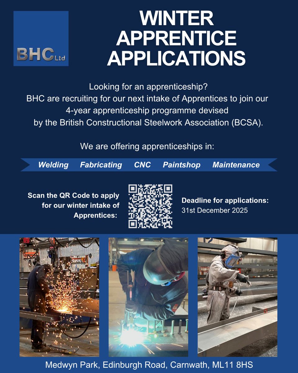 BHC_Ltd's tweet photo. ❄ Winter Apprentice Intake ❄

If you or someone you know is interested in one of our apprenticeship available this year, apply via the QR code or click the link below! 👇

https://t.co/1qBIoLQDAJ

#BHCltd #apprenticeintake #welding #fabrication #cnc #paintshop #maintenance https://t.co/ELvZB1V27N