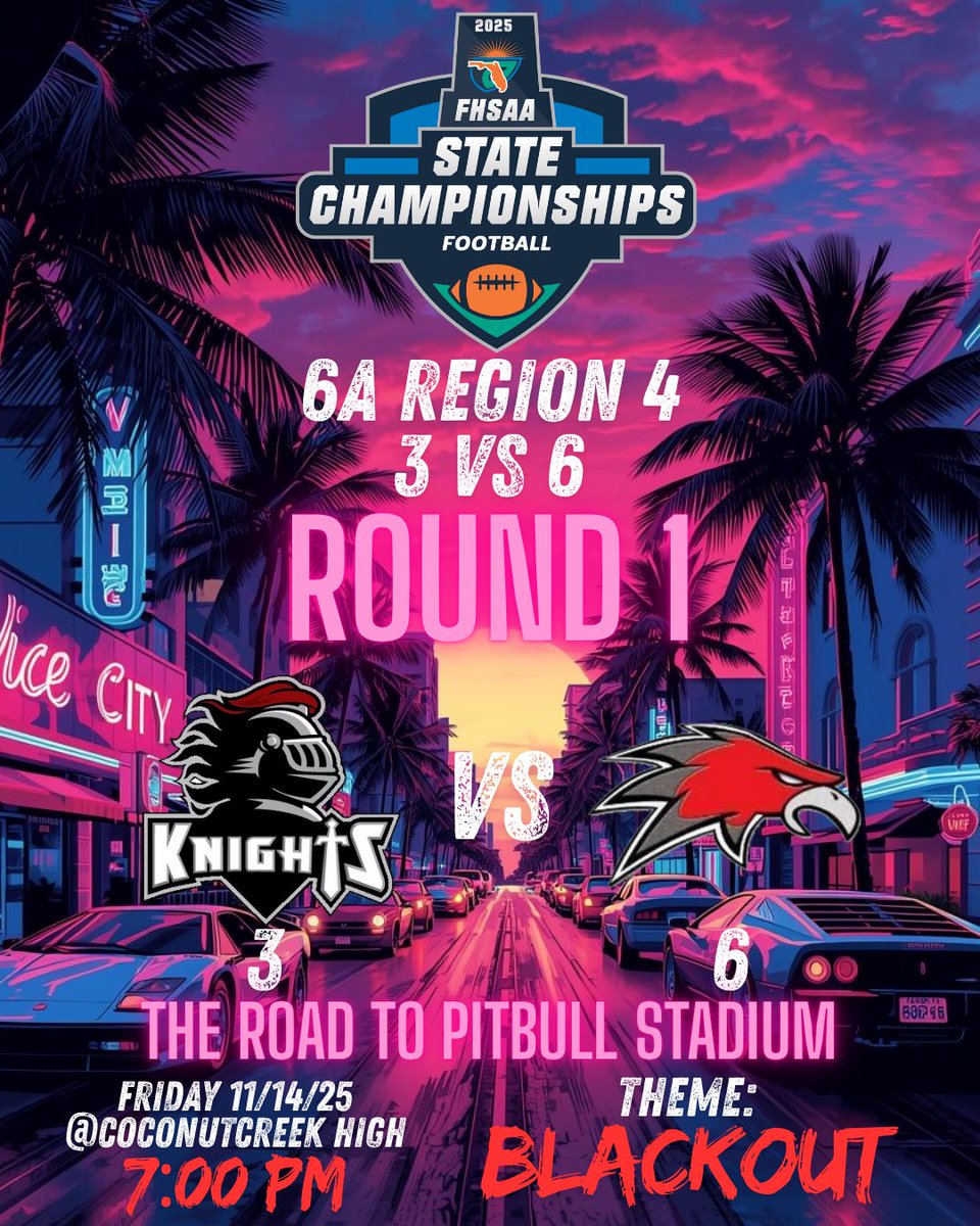 Road to Pit-bull stadium is here! Round 1 your Monarch knights the 3 seed vs the 6 seed Doral academy. This Friday at coconut creek stadium 7pm. Theme is blackout! We need a sellout crowd this Friday! Please come and support. <a href="/Coach_Davis3/">Coach Davis</a> <a href="/Coach_Mont70/">Roberto Montanez Jr</a>