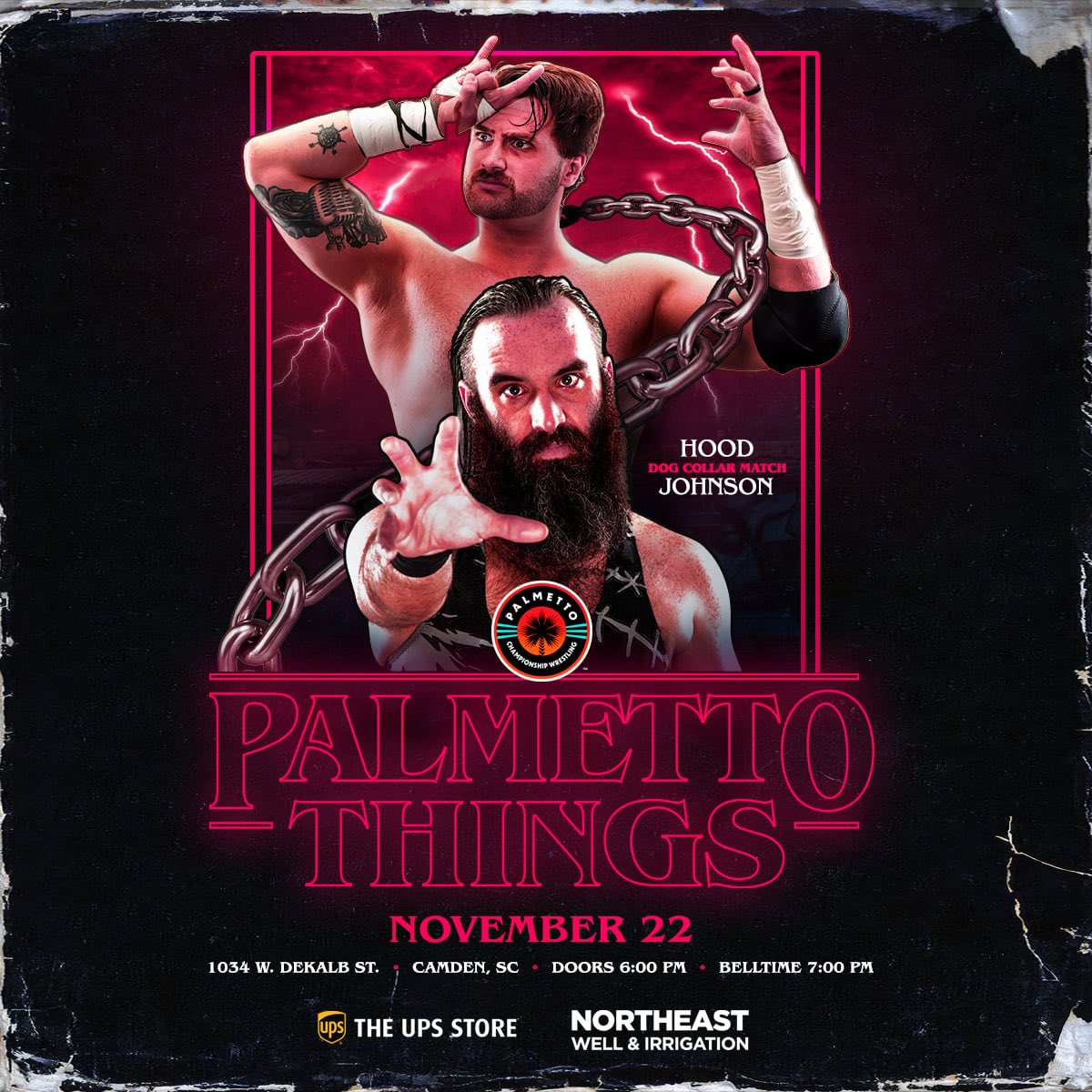 PCWofSC's tweet image. It’s going to be a “DOG FIGHT” when Drew Hood takes on James Johnson in a dog collar match at PCW: Palmetto Things! Don’t miss it! #StrangerThings #wrestling #WWE #AEW #fyp #wrestling #prowrestling #fight #pro #viral