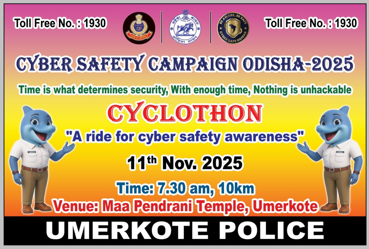 Dear Umerkote Citizens. 
Please join us in large numbers for tomorrow’s cyclothon to spread awareness about cyber crime. 
Let’s fight the cyber crime. 
Be alert Be safe. 
<a href="/DGPOdisha/">DGP, Odisha</a> 
<a href="/homeodisha/">Home Department, Govt. of Odisha</a> 
<a href="/odisha_police/">Odisha Police</a> 
<a href="/digswrkoraput/">DIGP, SWR Koraput, Odisha</a> 
<a href="/CIDOdisha/">Criminal Investigation Department and Crime Branch</a>