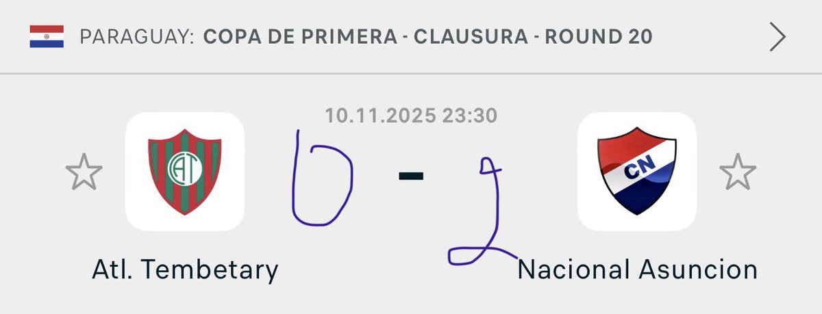 Modelwebka's tweet image. Atlético Tembetary – Nacional Asunción: 0–2