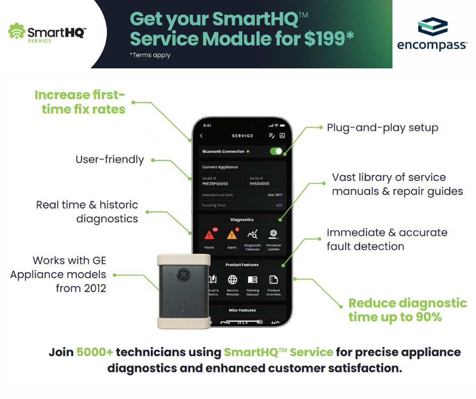 EncompassSP's tweet image. Tech Pros: stop guessing. SmartHQ Service = faster fixes, instant diagnostics, happier customers. 5k+ pros use it for just $199. 

WX05X15005 GE SmartHQ Service Module: encompass.com/item/13091398/… #EncompassParts #GEAppliances #SmartHQ