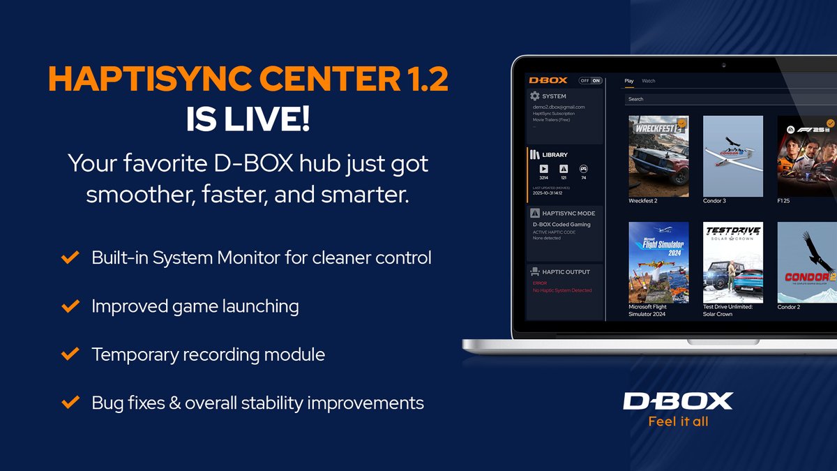 HaptiSync Center 1.2 is live!
🖥️ Built-in System Monitor
🎮 Better game launching
🐞 Stability &amp; bug fixes
Discover more bit.ly/3JDfSbE
//
HaptiSync Center 1.2 est là!
🖥️ System Monitor intégré
🎮 Lancement de jeux amélioré
🐞 Stabilité et corrections de bogues