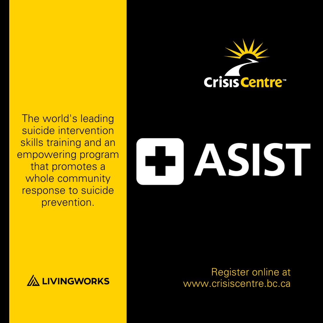 Join us in helping to keep community members safe from suicide by taking an upcoming Applied Suicide Intervention Skills Training (ASIST).

Learn more or sign up here: crisiscentre.bc.ca/training/asist/