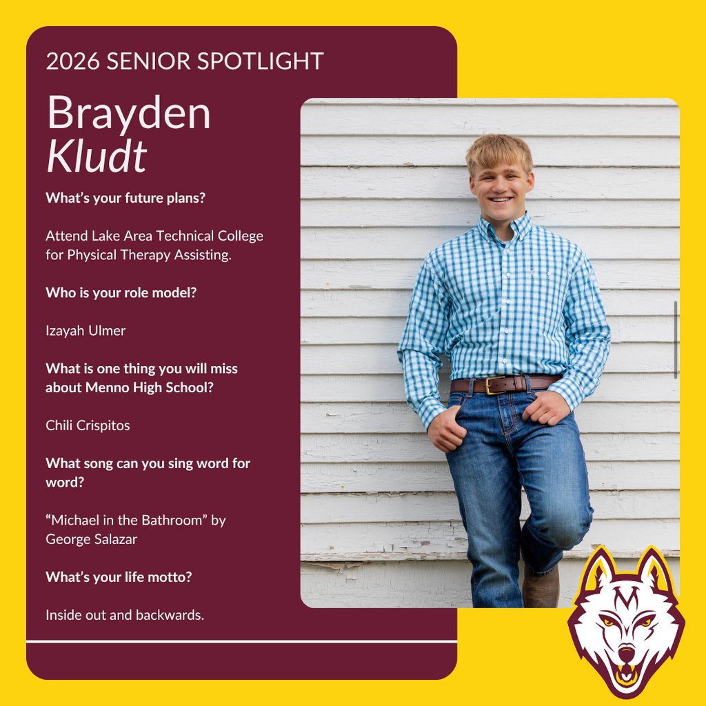 MennoWolves's tweet image. This week&apos;s Senior Spotlight is Brayden Kludt!
