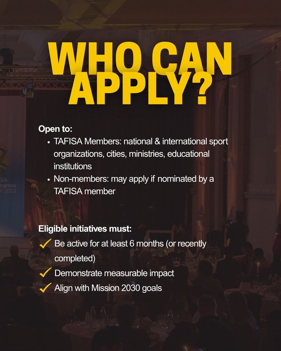 TafisaOffice's tweet photo. 📷 Call for Nominations for the TAFISA Mission 2030 Awards is now Open! 

Winners get free registration for the TAFISA World Congress 2026 (Prague), amongst others.

Got an impactful project?
Apply now 
Deadline: 31 Dec 2025
📷 Apply: https://t.co/gX3ljulZhx
#TAFISA https://t.co/nI8xyrlwgp