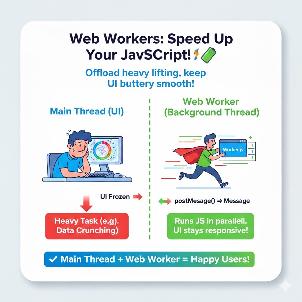 Ragul_1010's tweet image. Today I worked with Web Workers 🚀

JS normally runs on one main thread — and heavy tasks can choke the UI

Web Workers let me push big calculations to a background thread, so the UI stays smooth + responsive

Honestly very helpful.
I’m going to use this more often.
#WebWorkers