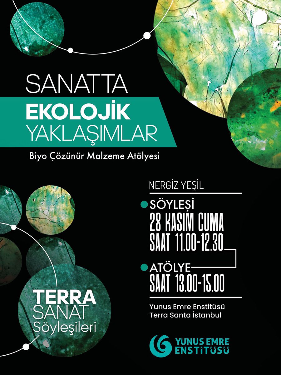 yeeorgtr's tweet photo. 🌿Terra-Sanat Söyleşileri’nde bu ay “Sanatta Ekolojik Yaklaşımlar” konuşulacak! 

Nergiz Yeşil’in katılımıyla gerçekleşecek söyleşi ve “Biyo Çözünür Malzeme Atölyesi” 28 Kasım Cuma günü Yunus Emre Enstitüsü Terra Santa İstanbul’da.

📌 Konuşmacı: Nergiz Yeşil
📅 28 Kasım 2025, Cuma
📍 Yunus Emre Enstitüsü Terra Santa İstanbul

Katılım ücretsizdir, ancak rezervasyon zorunludur.

👉 Başvuru formu: https://t.co/HlVKAxhpOL

#TerraSanatSöyleşileri #YunusEmreEnstitüsü
