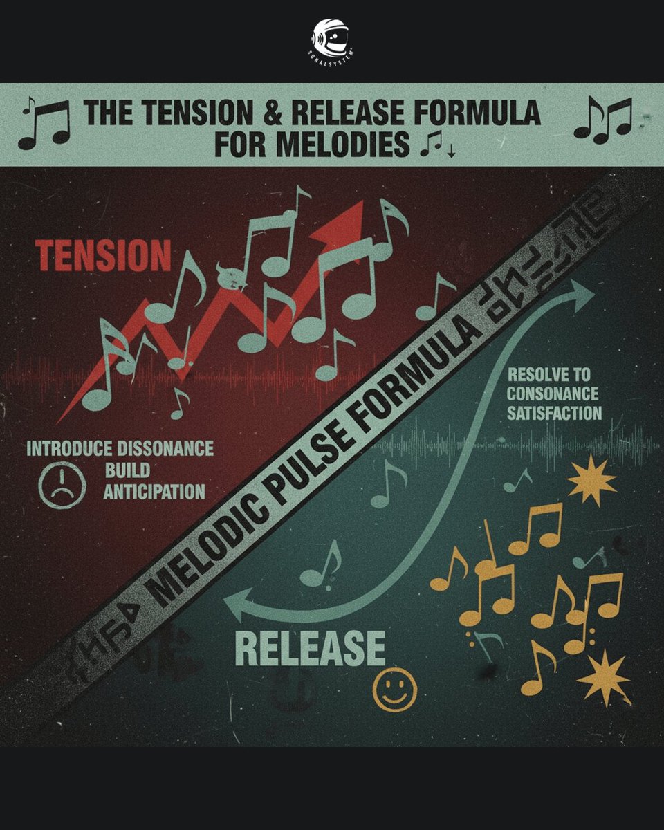 SonalSystem's tweet image. Melodies feeling flat? Master Tension &amp;amp; Release! 📈📉

Dissonance: Add a clashing note. 🤔

Anticipation: Hold it. ⏳

Resolution: Move to consonance. 😌

Craft unforgettable melodies that truly move! #MusicTheory #MelodyWriting #TensionAndRelease #Songwriting #ProducerTips