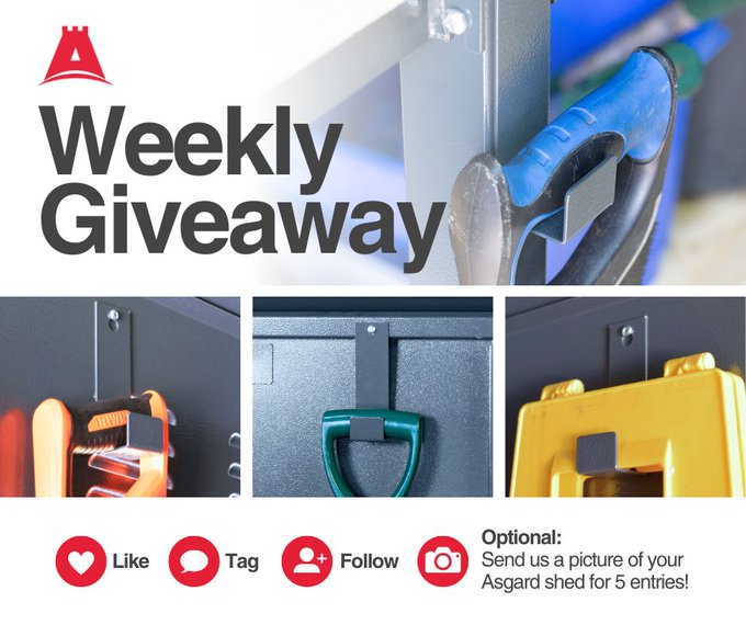 Image: https://pbs.twimg.com/media/G5aKv8aWcAAxXy6?format=jpg&name=small Graphic design with Asgard logo in red and black at top left showing a castle-like emblem Text Weekly Giveaway in large white letters on blue background Three images of gray metal shed walls with mounted hooks one holding a blue-handled tool another a green-handled tool and third a yellow container Bottom section with red circles for Like Tag Follow and optional photo entry instructions