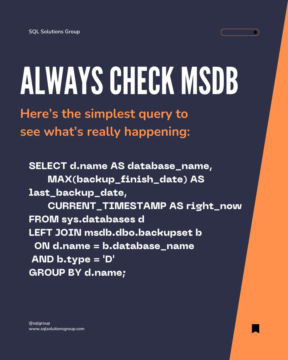 SQLGroup's tweet image. File-level backups aren’t the same as SQL Server native backups. Native backups protect transactions and allow point-in-time recovery. Always verify in MSDB and test regularly.

#SQLServer #DBA #DatabaseBackups #SQLPerformance #SQLMonitoring #DatabaseRecovery #SQLCommunity #sql