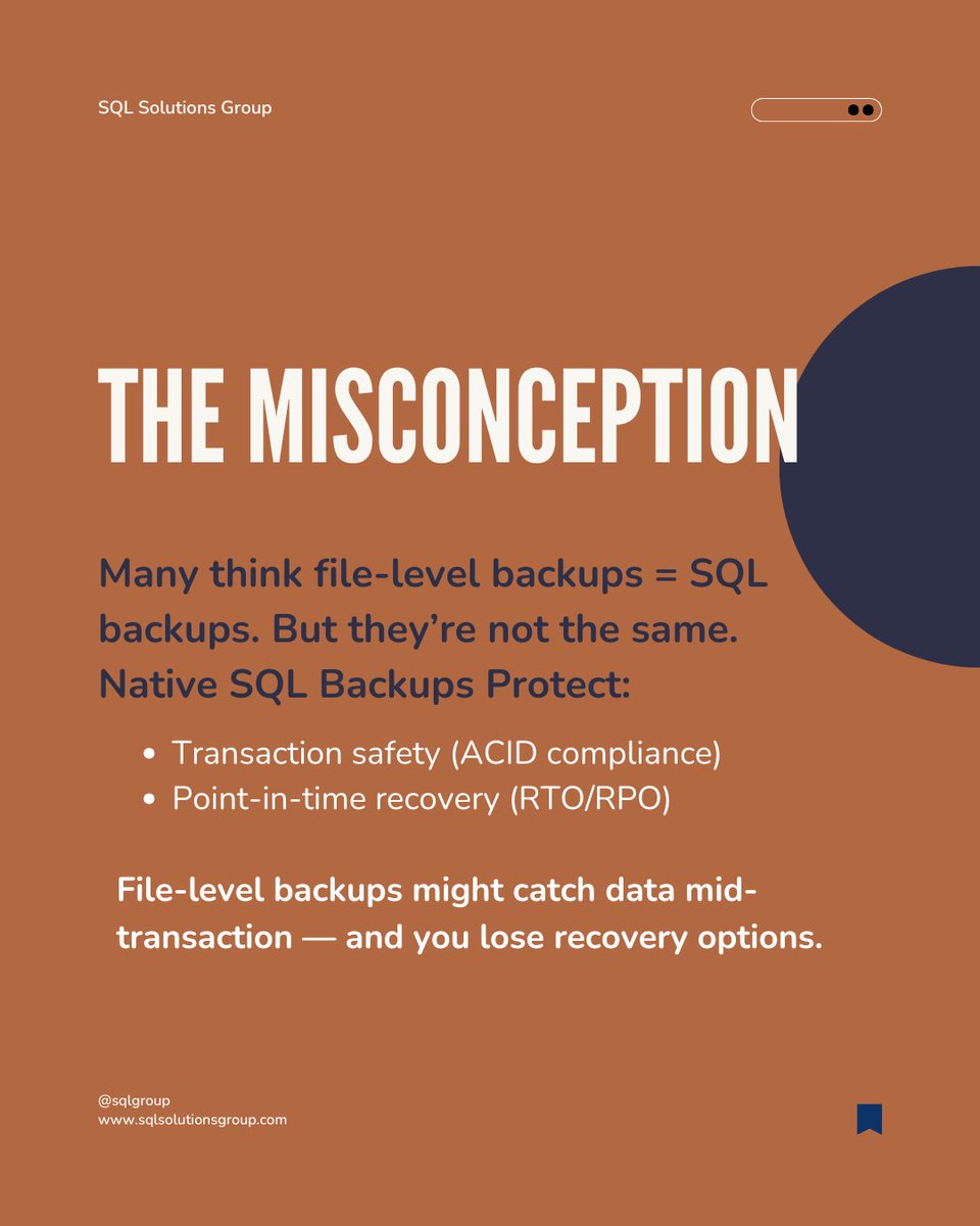 SQLGroup's tweet image. File-level backups aren’t the same as SQL Server native backups. Native backups protect transactions and allow point-in-time recovery. Always verify in MSDB and test regularly.

#SQLServer #DBA #DatabaseBackups #SQLPerformance #SQLMonitoring #DatabaseRecovery #SQLCommunity #sql