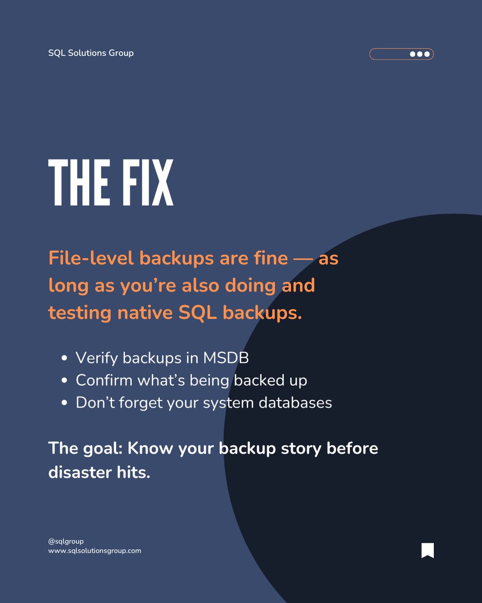 SQLGroup's tweet image. File-level backups aren’t the same as SQL Server native backups. Native backups protect transactions and allow point-in-time recovery. Always verify in MSDB and test regularly.

#SQLServer #DBA #DatabaseBackups #SQLPerformance #SQLMonitoring #DatabaseRecovery #SQLCommunity #sql
