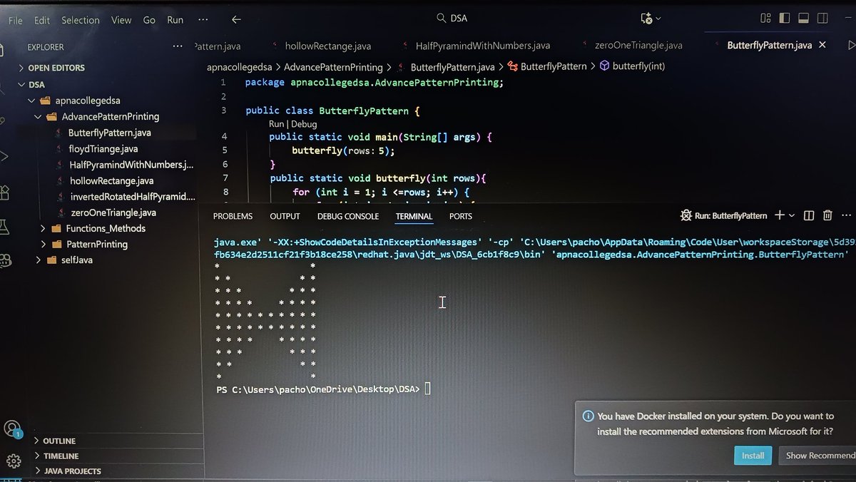 KomalPachouri1's tweet photo. 🚀 Day 14 of Sigma DSA (Java) 
Today was all about advanced pattern printing! 💻✨
✅ Butterfly Pattern 🦋
✅ Solid Rhombus 🔷
✅ Hollow Rhombus 🔳
✅ Diamond Pattern 💎 
#Sigma8 #Java #DSA #100DaysOfCode #PatternPrinting @ApnacollegeX  @ShradhaKhapra_ https://t.co/Ts18agzfbn