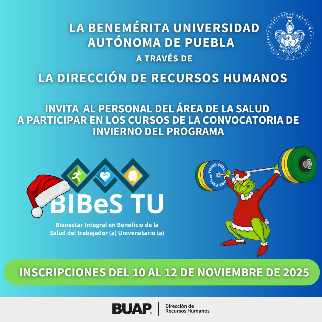 DRHBUAP's tweet image. ¡Atención personal del área de la salud!

Les invitamos a participar en la Convocatoria invierno 2025 BIBeS TU.🏋️‍♂️🏃‍♀️🍁
📅 Inscripciones: del 10 al 12 de noviembre de 2025.

🔗 Convocatoria completa y registro👉 bsu.buap.mx/eY2
¡Recuerda que en el BIBeS TU, vives tú! 💪✨