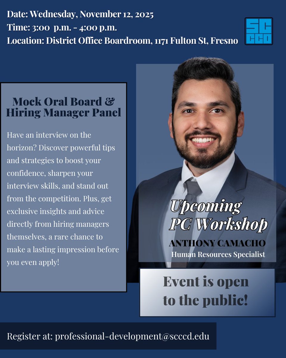 scccdcareers's tweet image. PC Workshop This Week! Got an interview coming up? Feeling a little nervous? Join us on November 12, 2025, from 3–4 PM for a Mock Oral Board &amp;amp; Hiring Manager Panel workshop! Please email: professional-development@scccd.edu for registration details!  #MockInterview