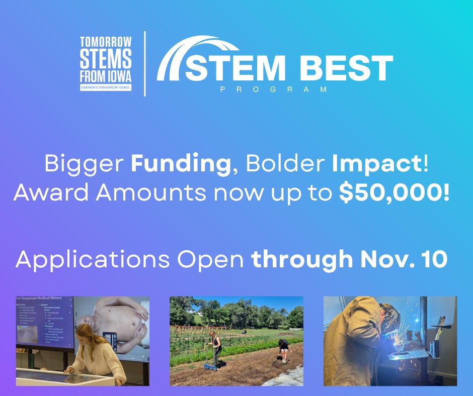 BIGGER Funding 💰
BOLDER impact 💥

STEM BEST Awards now up to $50k‼️

Apply now for the opportunity to join this growing community of Iowa schools connecting class to community👉 educate.iowa.gov/STEM/BEST #bold

#STEMBEST