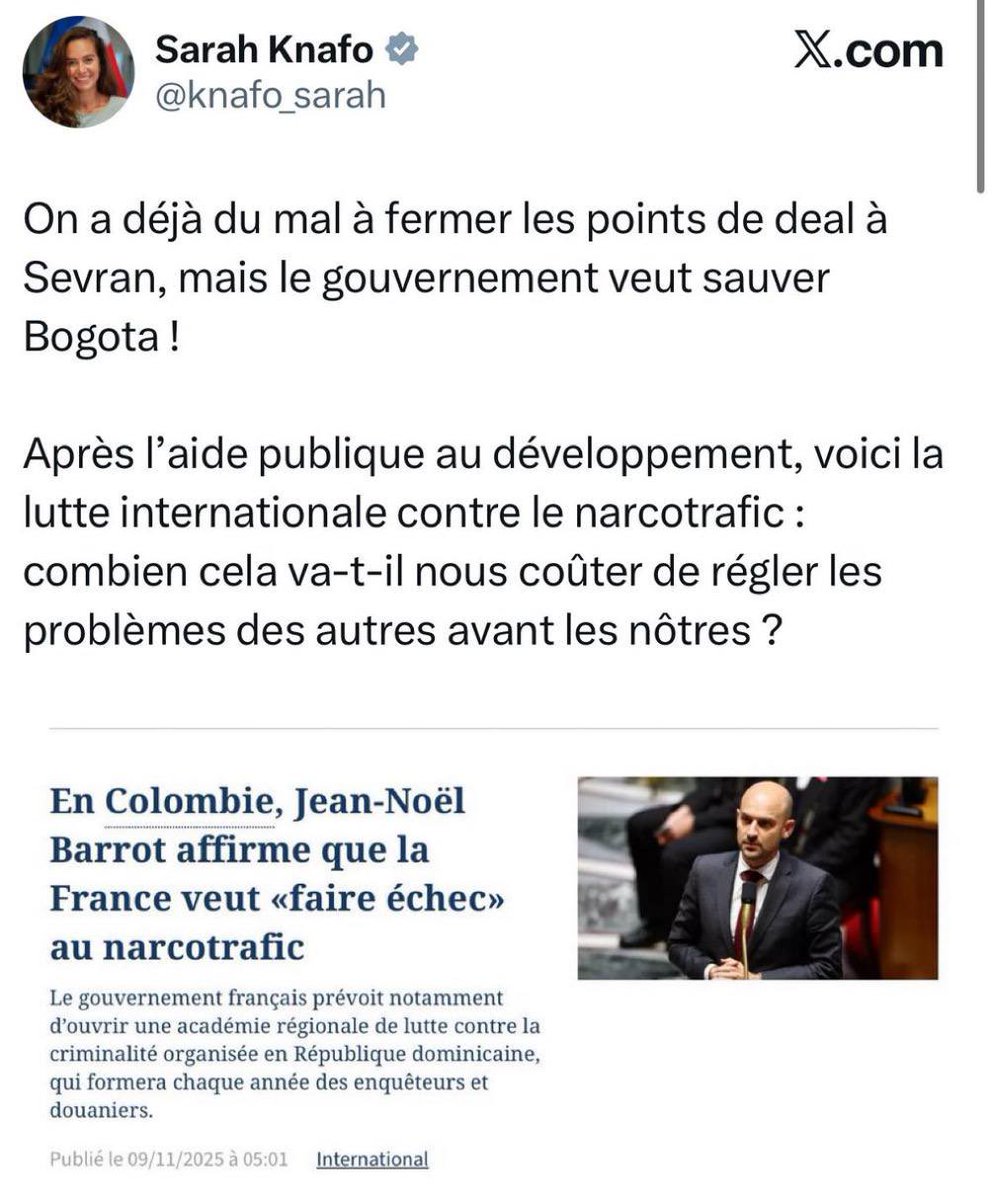 Sarah Knafo recadre le ministre des Affaires Étrangères Jean-Noël Barrot qui souhaite lutter contre le narcotrafic… en Colombie !
