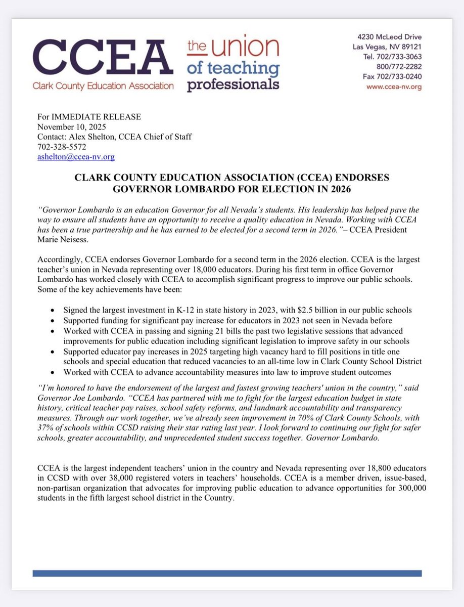 rociohzz's tweet image. .@cceanv is endorsing Republican Gov. Joe Lombardo in the 2026 election. The union declined to endorse a gubernatorial candidate in the 2022 election after having endorse former Democratic Gov. Sisolak in the 2018 election.