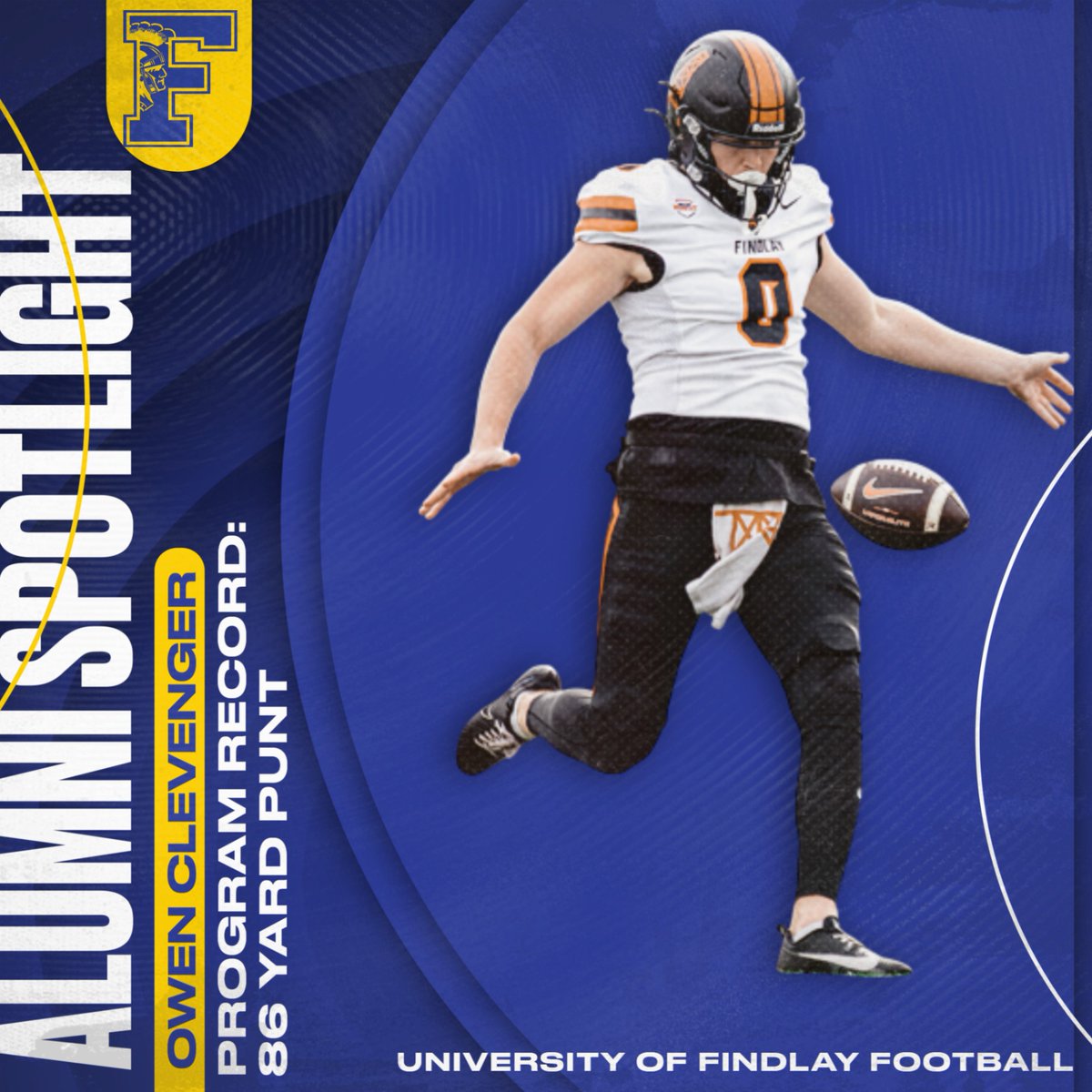 FHSAthletic's tweet photo. 🔥 Alumni Spotlight 🔥

Former Trojan, Owen Clevenger, made history last weekend, launching an 86-yard punt in Findlay’s game — the longest punt in both Findlay and G-MAC history! 💣💪 #TrojanTrue https://t.co/Vgz00C2a9D