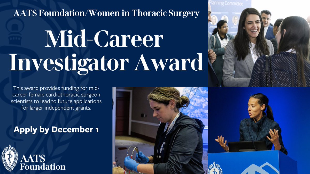 AATSHQ's tweet image. Calling all mid-career #cardiothoracic surgeons: The AATS Foundation has two programs dedicated to progressing your career. Apply for the:
🔹AATS Foundation/WTS Mid-Career Investigator Award
🔹#AATS2026 Leadership Academy
aats.org/foundation
Deadline: 12/1