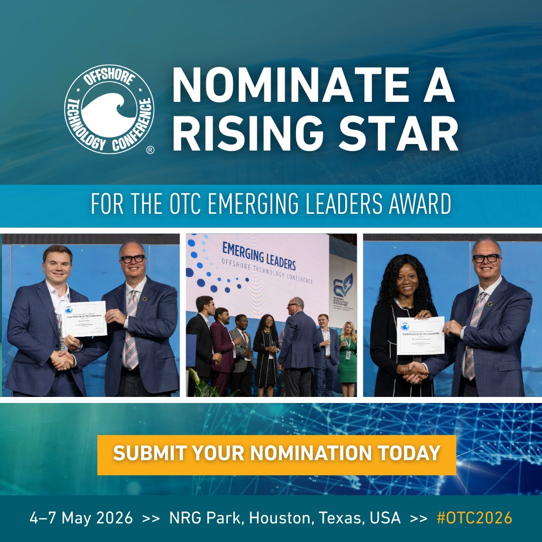 🌊 The next generation of offshore energy leaders is making waves.

Nominate a rising professional for the OTC Emerging Leaders Program 2026 and celebrate their innovation, leadership, and dedication to shaping the future of offshore energy.

🗓️ Nominations close 4 February 2026